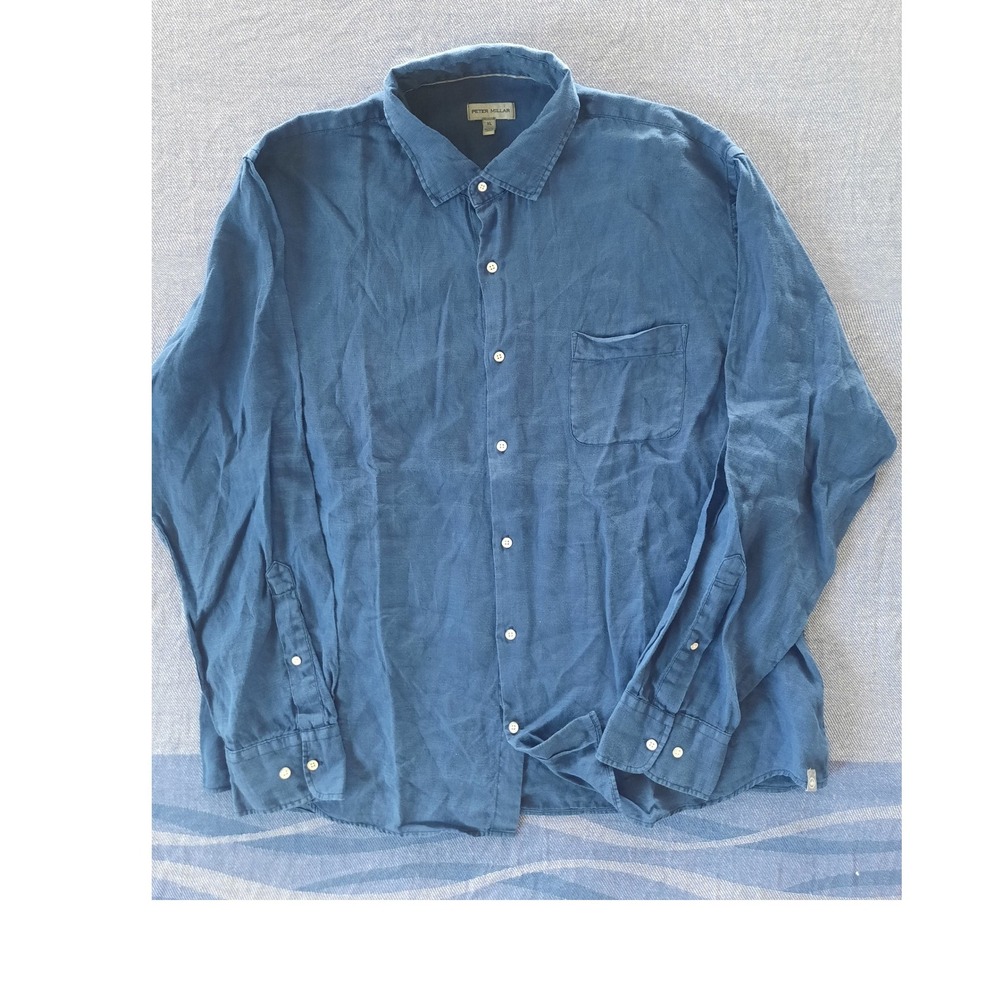 Peter Millar Men XL Blue Pure Linen Long Sleeve Button Down Shirt Pocket Classic